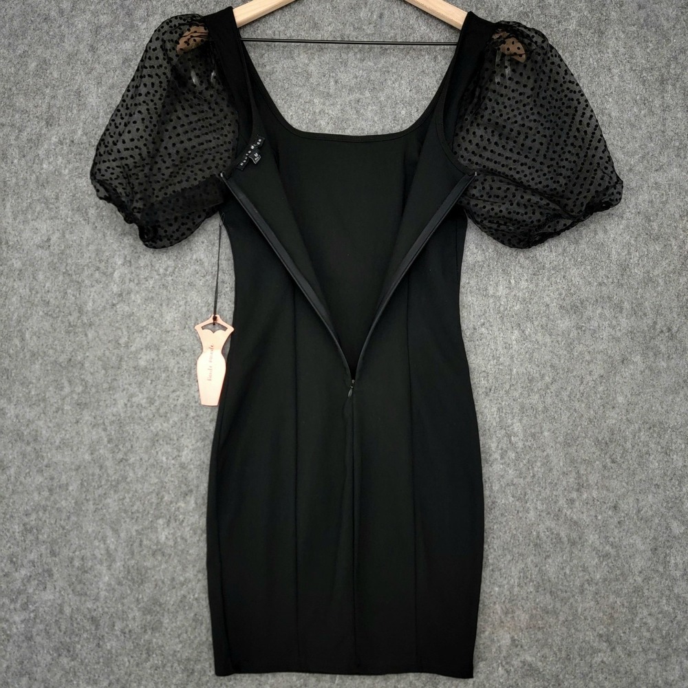 Haute Monde Dress Womens M Black Swiss Dot Puff Sleeve Bodycon Mini - Picture 3 of 12